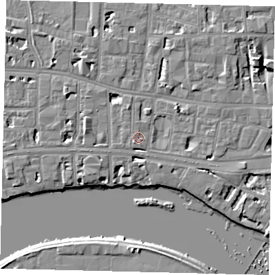 Shaded relief map of the ground around W69JY, computed from Environment Agency LiDAR. The ground here sits at about 6 m above sea level and falls 7 m across the surrounding 800 m. Surface water reaching this point runs off ground lying to the south-west, 1.1 m higher.