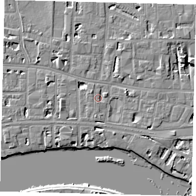 Shaded relief map of the ground around W69LA, computed from Environment Agency LiDAR. The ground here sits at about 5 m above sea level and falls 7 m across the surrounding 800 m. Surface water reaching this point runs off ground lying to the east-north-east, 1.7 m higher.