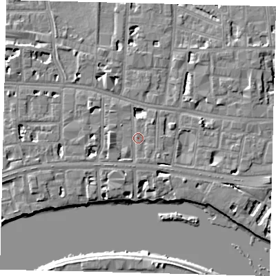 Shaded relief map of the ground around W69LD, computed from Environment Agency LiDAR. The ground here sits at about 5 m above sea level and falls 6 m across the surrounding 800 m. Surface water reaching this point runs off ground lying to the west-south-west, 3.0 m higher.