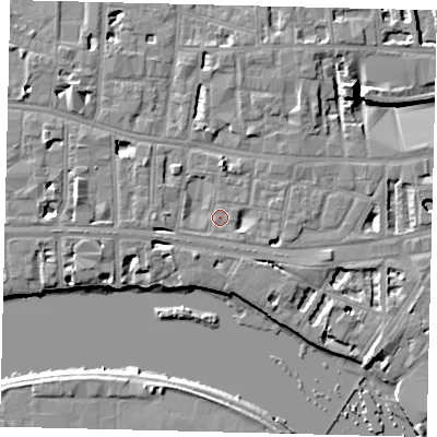 Shaded relief map of the ground around W69LE, computed from Environment Agency LiDAR. The ground here sits at about 5 m above sea level and falls 8 m across the surrounding 800 m. Surface water reaching this point runs off ground lying to the south-south-west, 4.5 m higher.