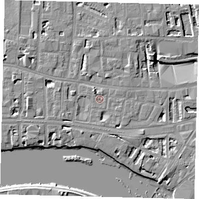 Shaded relief map of the ground around W69LF, computed from Environment Agency LiDAR. The ground here sits at about 5 m above sea level and falls 8 m across the surrounding 800 m. Surface water reaching this point runs off ground lying to the north-north-east, 1.1 m higher.