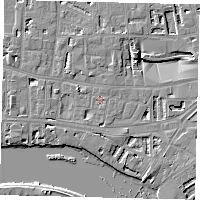 Shaded relief map of the ground around W69LG, computed from Environment Agency LiDAR. The ground here sits at about 5 m above sea level and falls 8 m across the surrounding 800 m. Surface water reaching this point runs off ground lying to the south-south-east, 0.8 m higher.