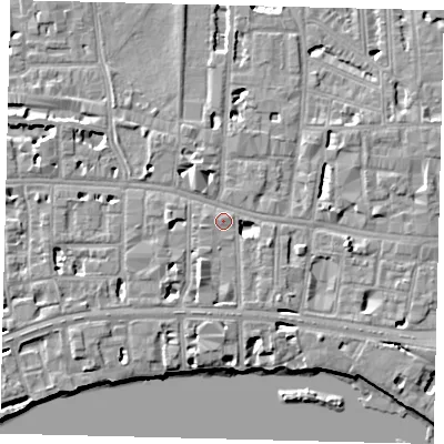 Shaded relief map of the ground around W69LP, computed from Environment Agency LiDAR. The ground here sits at about 5 m above sea level and falls 6 m across the surrounding 800 m. Surface water reaching this point runs off ground lying to the south-south-west, 3.0 m higher.