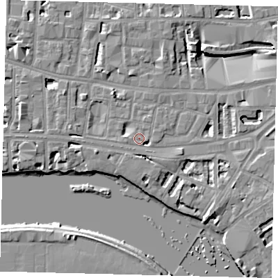 Shaded relief map of the ground around W69LQ, computed from Environment Agency LiDAR. The ground here sits at about 5 m above sea level and falls 8 m across the surrounding 800 m. Surface water reaching this point runs off ground lying to the north-north-east, 0.6 m higher.
