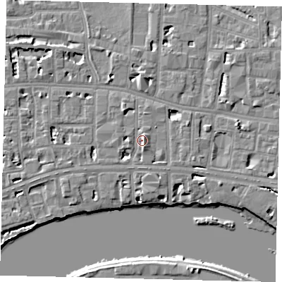Shaded relief map of the ground around W69LS, computed from Environment Agency LiDAR. The ground here sits at about 5 m above sea level and falls 6 m across the surrounding 800 m. Surface water reaching this point runs off ground lying to the south-south-east, 4.6 m higher.
