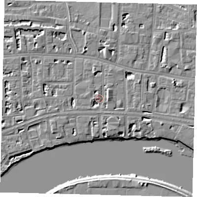 Shaded relief map of the ground around W69LT, computed from Environment Agency LiDAR. The ground here sits at about 6 m above sea level and falls 6 m across the surrounding 800 m. Surface water reaching this point runs off ground lying to the east, 4.6 m higher.