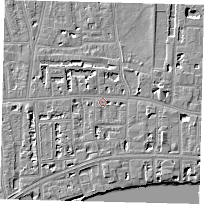 Shaded relief map of the ground around W69NH, computed from Environment Agency LiDAR. The ground here sits at about 6 m above sea level and falls 6 m across the surrounding 800 m. Surface water reaching this point runs off ground lying to the west, 2.6 m higher.