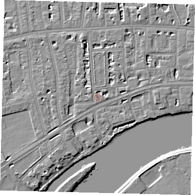 Shaded relief map of the ground around W69NL, computed from Environment Agency LiDAR. The ground here sits at about 6 m above sea level and falls 6 m across the surrounding 800 m. Surface water reaching this point runs off ground lying to the north-west, 1.0 m higher.