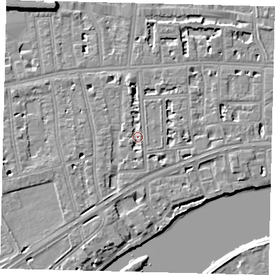 Shaded relief map of the ground around W69NW, computed from Environment Agency LiDAR. The ground here sits at about 5 m above sea level and falls 10 m across the surrounding 800 m. Surface water reaching this point runs off ground lying to the south-south-east, 2.1 m higher.