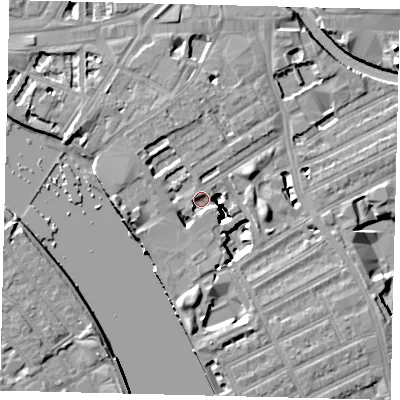 Shaded relief map of the ground around W69RR, computed from Environment Agency LiDAR. The ground here sits at about 4 m above sea level and falls 18 m across the surrounding 800 m. Surface water reaching this point runs off ground lying to the east-south-east, 16.0 m higher.