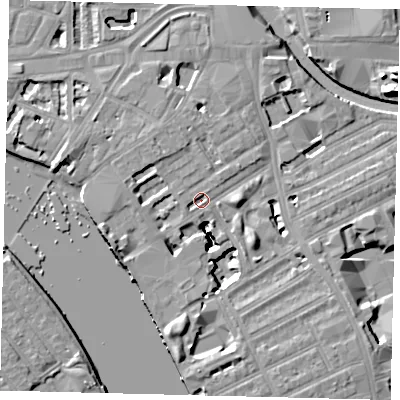 Shaded relief map of the ground around W69RS, computed from Environment Agency LiDAR. The ground here sits at about 4 m above sea level and falls 21 m across the surrounding 800 m. Surface water reaching this point runs off ground lying to the east, 5.2 m higher.