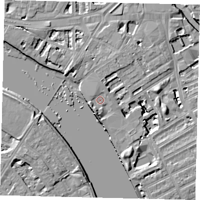 Shaded relief map of the ground around W69RT, computed from Environment Agency LiDAR. The ground here sits at about 5 m above sea level and falls 16 m across the surrounding 800 m. Surface water reaching this point runs off ground lying to the west-south-west, 4.9 m higher.