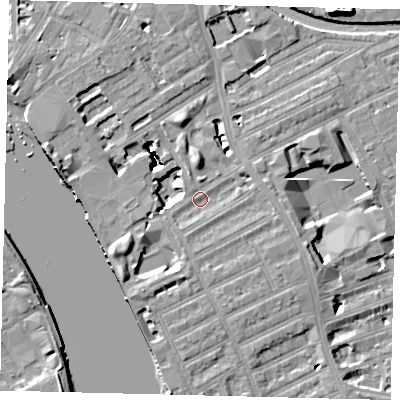 Shaded relief map of the ground around W69SF, computed from Environment Agency LiDAR. The ground here sits at about 5 m above sea level and falls 21 m across the surrounding 800 m. Surface water reaching this point runs off ground lying to the north, 3.7 m higher.