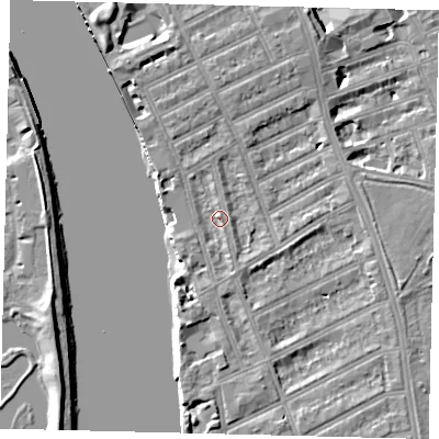Shaded relief map of the ground around W69SU, computed from Environment Agency LiDAR. The ground here sits at about 5 m above sea level and falls 7 m across the surrounding 800 m. Surface water reaching this point runs off ground lying to the south-east, 4.4 m higher.