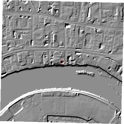 Shaded relief map of the ground around W69TA, computed from Environment Agency LiDAR. The ground here sits at about 4 m above sea level and falls 6 m across the surrounding 800 m. Surface water reaching this point runs off ground lying to the north, 3.8 m higher.