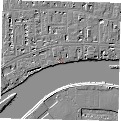 Shaded relief map of the ground around W69TD, computed from Environment Agency LiDAR. The ground here sits at about 5 m above sea level and falls 6 m across the surrounding 800 m. Surface water reaching this point runs off ground lying to the north, 4.7 m higher.