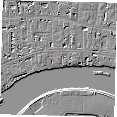 Shaded relief map of the ground around W69TE, computed from Environment Agency LiDAR. The ground here sits at about 6 m above sea level and falls 6 m across the surrounding 800 m. The ground contributing surface water to this point lies to the north.