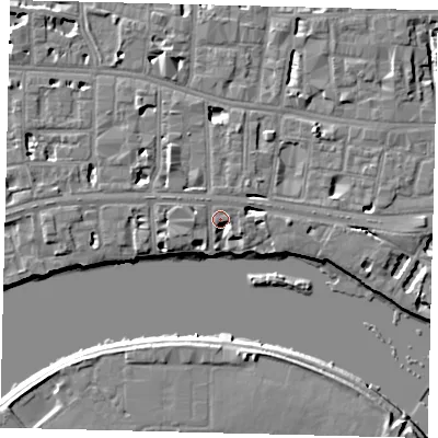 Shaded relief map of the ground around W69TF, computed from Environment Agency LiDAR. The ground here sits at about 5 m above sea level and falls 6 m across the surrounding 800 m. Surface water reaching this point runs off ground lying to the west, 1.2 m higher.