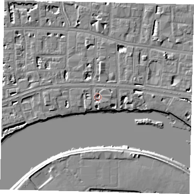 Shaded relief map of the ground around W69TG, computed from Environment Agency LiDAR. The ground here sits at about 5 m above sea level and falls 6 m across the surrounding 800 m. Surface water reaching this point runs off ground lying to the south-south-east, 2.3 m higher.