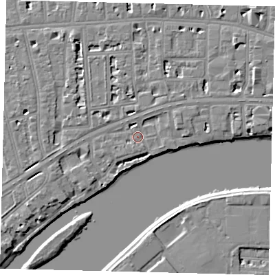 Shaded relief map of the ground around W69TJ, computed from Environment Agency LiDAR. The ground here sits at about 5 m above sea level and falls 6 m across the surrounding 800 m. Surface water reaching this point runs off ground lying to the north, 1.0 m higher.