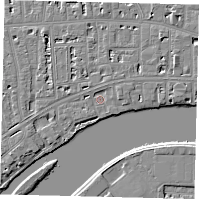 Shaded relief map of the ground around W69TL, computed from Environment Agency LiDAR. The ground here sits at about 5 m above sea level and falls 6 m across the surrounding 800 m. Surface water reaching this point runs off ground lying to the north-north-east, 2.0 m higher.