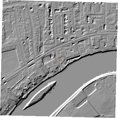 Shaded relief map of the ground around W69TN, computed from Environment Agency LiDAR. The ground here sits at about 5 m above sea level and falls 6 m across the surrounding 800 m. Surface water reaching this point runs off ground lying to the north-north-west, 4.4 m higher.
