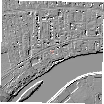 Shaded relief map of the ground around W69TP, computed from Environment Agency LiDAR. The ground here sits at about 5 m above sea level and falls 6 m across the surrounding 800 m. Surface water reaching this point runs off ground lying to the east-north-east, 3.1 m higher.