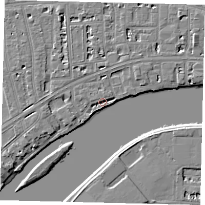 Shaded relief map of the ground around W69TS, computed from Environment Agency LiDAR. The ground here sits at about 4 m above sea level and falls 6 m across the surrounding 800 m. Surface water reaching this point runs off ground lying to the north-north-east, 4.8 m higher.