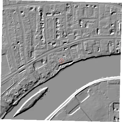 Shaded relief map of the ground around W69TT, computed from Environment Agency LiDAR. The ground here sits at about 5 m above sea level and falls 6 m across the surrounding 800 m. Surface water reaching this point runs off ground lying to the south-south-east, 2.2 m higher.