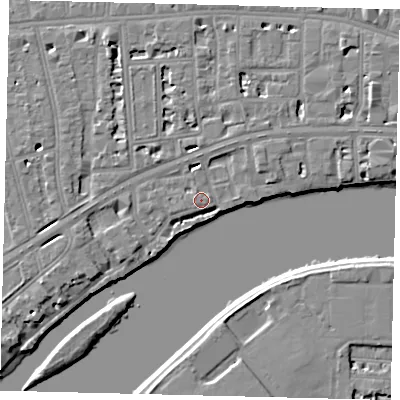 Shaded relief map of the ground around W69TU, computed from Environment Agency LiDAR. The ground here sits at about 5 m above sea level and falls 6 m across the surrounding 800 m. Surface water reaching this point runs off ground lying to the north-north-east, 3.4 m higher.