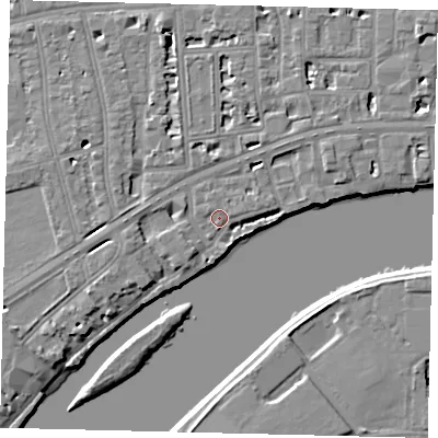 Shaded relief map of the ground around W69TX, computed from Environment Agency LiDAR. The ground here sits at about 5 m above sea level and falls 6 m across the surrounding 800 m. Surface water reaching this point runs off ground lying to the east-north-east, 1.1 m higher.