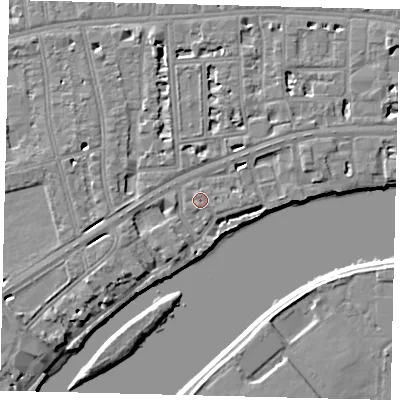 Shaded relief map of the ground around W69TY, computed from Environment Agency LiDAR. The ground here sits at about 5 m above sea level and falls 6 m across the surrounding 800 m. Surface water reaching this point runs off ground lying to the east, 1.2 m higher.