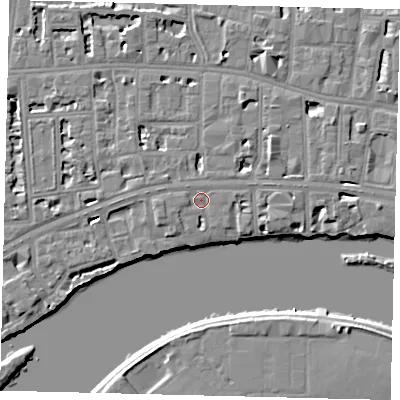 Shaded relief map of the ground around W69UA, computed from Environment Agency LiDAR. The ground here sits at about 6 m above sea level and falls 6 m across the surrounding 800 m. Surface water reaching this point runs off ground lying to the west, 1.4 m higher.
