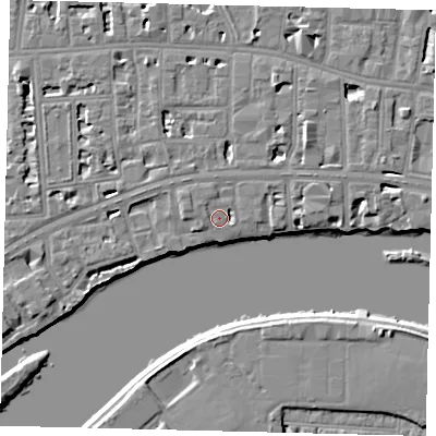 Shaded relief map of the ground around W69UB, computed from Environment Agency LiDAR. The ground here sits at about 6 m above sea level and falls 6 m across the surrounding 800 m. Surface water reaching this point runs off ground lying to the west-north-west, 2.5 m higher.