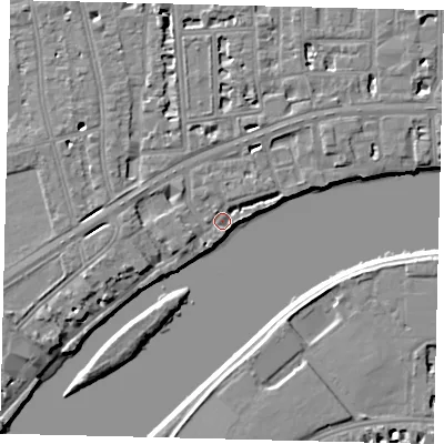 Shaded relief map of the ground around W69UD, computed from Environment Agency LiDAR. The ground here sits at about 4 m above sea level and falls 6 m across the surrounding 800 m. Surface water reaching this point runs off ground lying to the north-east, 1.3 m higher.