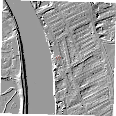 Shaded relief map of the ground around W69UF, computed from Environment Agency LiDAR. The ground here sits at about 5 m above sea level and falls 7 m across the surrounding 800 m. Surface water reaching this point runs off ground lying to the south-east, 1.7 m higher.