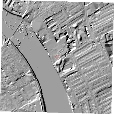 Shaded relief map of the ground around W69UQ, computed from Environment Agency LiDAR. The ground here sits at about 5 m above sea level and falls 16 m across the surrounding 800 m. Surface water reaching this point runs off ground lying to the south, 2.7 m higher.