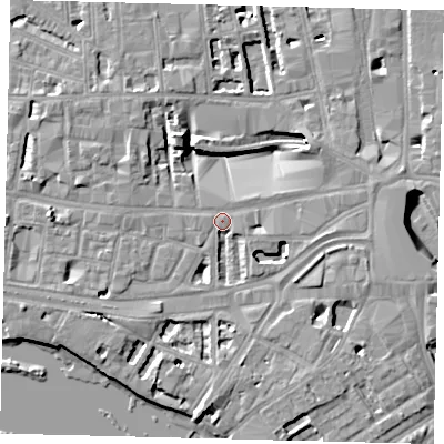 Shaded relief map of the ground around W69XB, computed from Environment Agency LiDAR. The ground here sits at about 5 m above sea level and falls 8 m across the surrounding 800 m. Surface water reaching this point runs off ground lying to the south, 4.7 m higher.