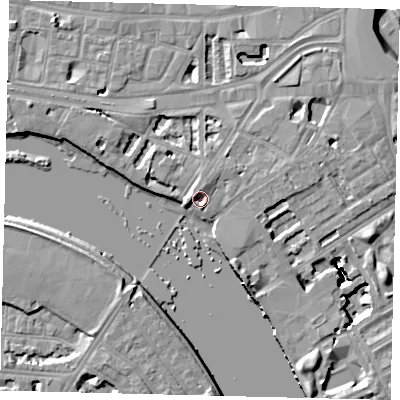 Shaded relief map of the ground around W69XF, computed from Environment Agency LiDAR. The ground here sits at about 4 m above sea level and falls 16 m across the surrounding 800 m. Surface water reaching this point runs off ground lying to the west, 3.8 m higher.