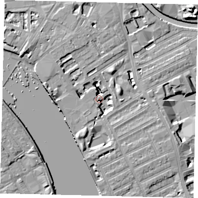 Shaded relief map of the ground around W69YJ, computed from Environment Agency LiDAR. The ground here sits at about 5 m above sea level and falls 21 m across the surrounding 800 m. Surface water reaching this point runs off ground lying to the east-north-east, 11.1 m higher.
