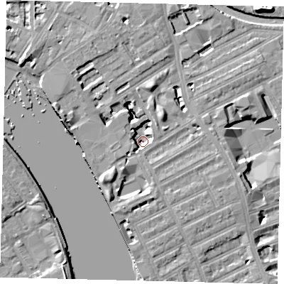 Shaded relief map of the ground around W69YL, computed from Environment Agency LiDAR. The ground here sits at about 0 m above sea level and falls 21 m across the surrounding 800 m. Surface water reaching this point runs off ground lying to the north-east, 8.0 m higher.