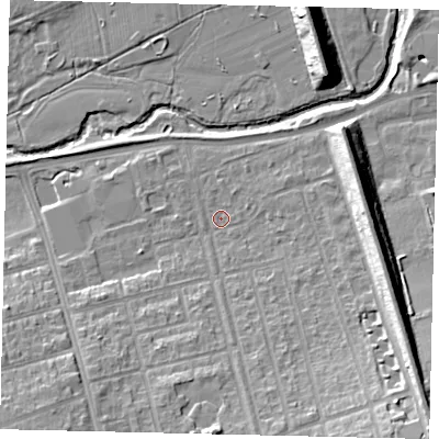 Shaded relief map of the ground around W71BP, computed from Environment Agency LiDAR. The ground here sits at about 17 m above sea level and falls 16 m across the surrounding 800 m. Surface water reaching this point runs off ground lying to the south-east, 13.1 m higher.
