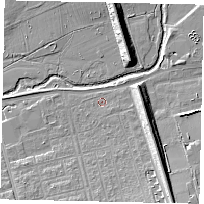 Shaded relief map of the ground around W71BS, computed from Environment Agency LiDAR. The ground here sits at about 17 m above sea level and falls 15 m across the surrounding 800 m. Surface water reaching this point runs off ground lying to the south-east, 1.0 m higher.
