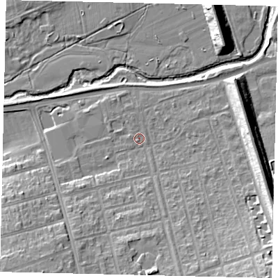 Shaded relief map of the ground around W71BT, computed from Environment Agency LiDAR. The ground here sits at about 17 m above sea level and falls 16 m across the surrounding 800 m. Surface water reaching this point runs off ground lying to the south-south-west, 8.8 m higher.