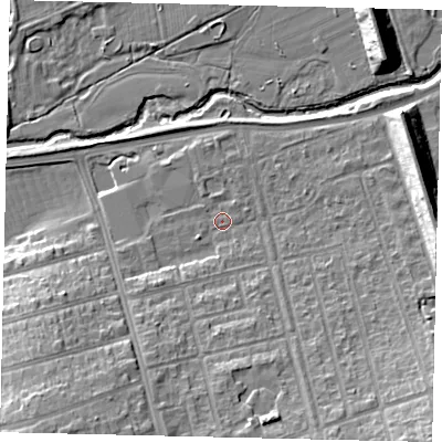 Shaded relief map of the ground around W71BU, computed from Environment Agency LiDAR. The ground here sits at about 17 m above sea level and falls 15 m across the surrounding 800 m. Surface water reaching this point runs off ground lying to the south-south-west, 9.7 m higher.