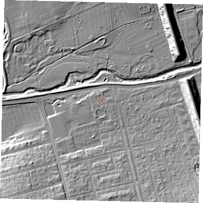Shaded relief map of the ground around W71BY, computed from Environment Agency LiDAR. The ground here sits at about 16 m above sea level and falls 13 m across the surrounding 800 m. Surface water reaching this point runs off ground lying to the north-north-west, 0.7 m higher.