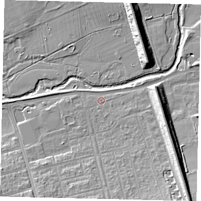 Shaded relief map of the ground around W71DA, computed from Environment Agency LiDAR. The ground here sits at about 16 m above sea level and falls 15 m across the surrounding 800 m. Surface water reaching this point runs off ground lying to the south-east, 12.1 m higher.