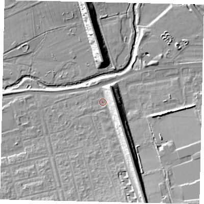 Shaded relief map of the ground around W71DD, computed from Environment Agency LiDAR. The ground here sits at about 17 m above sea level and falls 15 m across the surrounding 800 m. Surface water reaching this point runs off ground lying to the east-south-east, 9.5 m higher.