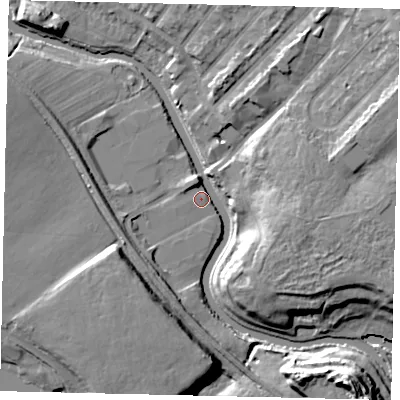 Shaded relief map of the ground around W72BD, computed from Environment Agency LiDAR. The ground here sits at about 10 m above sea level and falls 20 m across the surrounding 800 m. Surface water reaching this point runs off ground lying to the south-east, 18.1 m higher.