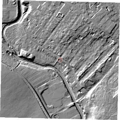 Shaded relief map of the ground around W72HF, computed from Environment Agency LiDAR. The ground here sits at about 12 m above sea level and falls 16 m across the surrounding 800 m. Surface water reaching this point runs off ground lying to the north-north-east, 9.1 m higher.
